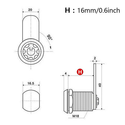 Technical diagram of Tubular Cam Lock Set For Mailboxes, Drawers, Cupboards And Safes, 16mm cylinder dimensions shown