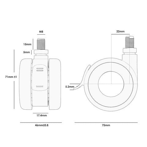Technical diagram of TV Cart Wheel Stem Casters Set Of 4 With Brake And 360 Degree Swivel For Furniture And Carts Fit M8 Screw Threads