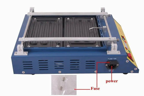 Infrared Preheating Oven With Beefy Preheat Plate For PCBs And BGA SMD Rework, showcasing the fuse and power features.