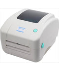 Replacement XpDt425B Thermal Barcode Label Printer 110Mm Wide Format Usb Bluetooth Wireless Connectivity Straight Shooter For Logistics Shipping And Waybills White Edition No Sweat Setup side view showing design and button