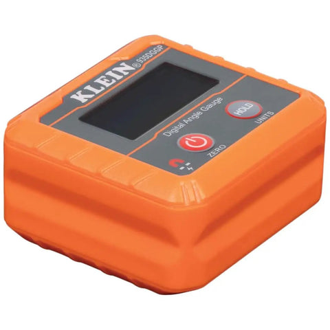 Angle Finder Digital Gauge With Strong Magnetic Base for Quick Conversions Between Degrees with orange casing and display screen.