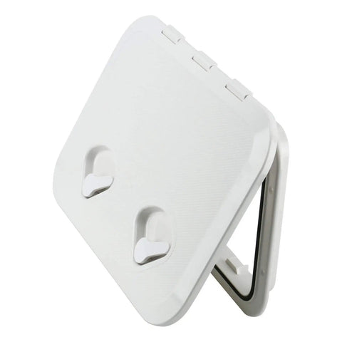 Rectangular Boat Hatch Cover 17-1/4 By 12-3/8 Inches Weatherproof Heavy Duty Deck Lid With 180 Degree Hinge in white, open view