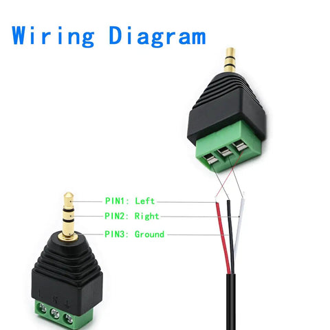 Wiring diagram for Three Pack 3.5mm TRS Stereo AV Male To 3-Screw Terminal Adapter Cables with pin labels.