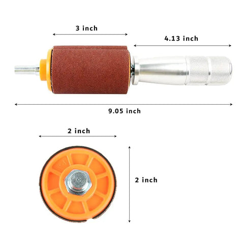 Hand Held Sanding Drum Kit For Drill Presses And Power Drills With Aluminum Handle Quick Tightening Roller Easy Paper Swap Includes 120 Grit Sandpaper And Wrench SF08 Pro Grade Gear showing dimensions