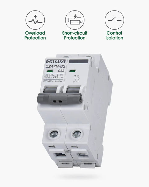 Front view of 32 Amp AC Miniature Circuit Breaker, 2 Pole DIN Rail Mount, Thermal Magnetic Trip, 120V 240V, Solar Disconnect Switch MCB C32