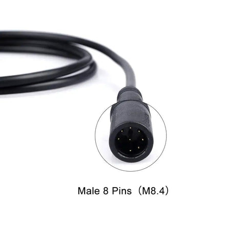 Close-up of male 8-pin connector on Mid Drive EB-Bus Cable 1T4 Accessory For Your E-Bike Rig With Waterproof 3-Pin Connector, Y-Splitter 1T2.