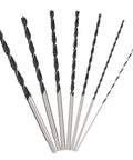 Extra Long Brad Point Drill Bit Set For Hardwood And More, Heavy Duty 12 Inch Carbon Steel Wood Bits, 7 Piece set displayed on a white background.