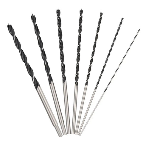Extra Long Brad Point Drill Bit Set For Hardwood And More, Heavy Duty 12 Inch Carbon Steel Wood Bits, 7 Piece set displayed on a white background.