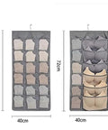 Double Sided Hanging Closet Organizer With Thirty Roomy Pockets In Gray displaying various socks and bras in organized pockets.