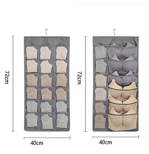 Double Sided Hanging Closet Organizer With Thirty Roomy Pockets In Gray displaying various socks and bras in organized pockets.