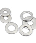 Heavy Duty 304 Stainless Steel Flat Washer Set All Sizes From M1.6 To M30 200 Pieces Gasket Spacers For Automotive, Machinery, DIY Projects, And More For All Fastening Jobs. Flat stainless washers on white