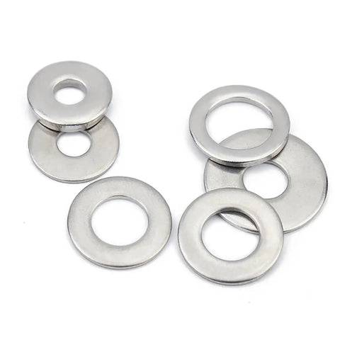 Heavy Duty 304 Stainless Steel Flat Washer Set All Sizes From M1.6 To M30 200 Pieces Gasket Spacers For Automotive, Machinery, DIY Projects, And More For All Fastening Jobs. Flat stainless washers on white