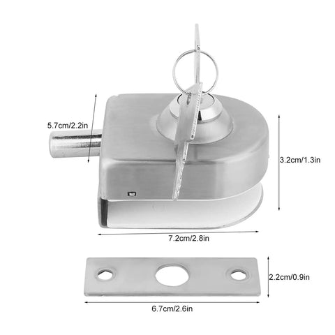 Rock Solid Glass Door Lock Featuring Corrosion Resistant Satin Nickel Twist Handle heavy duty floor latch for sliding panels 10 to 12 mm thick with dimensions.