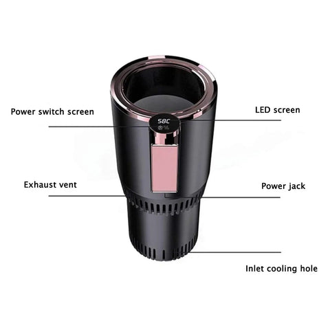 Electric Drink Chiller And Warmer Cup With Rapid Temperature Settings for Cars and Offices showing key features like power switch and LED screen.