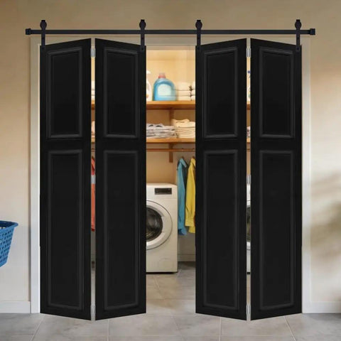 Heavy Duty Barn Door Hardware Kit With Slick Rolling Tracks For Closets And Laundry Rooms Compact Bi Fold Design fits tight squeeze in laundry.