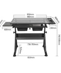 Premium Height Adjustable Tilting Drawing Desk With Tempered Glass Surface showing dimensions and features for home office art studio use.