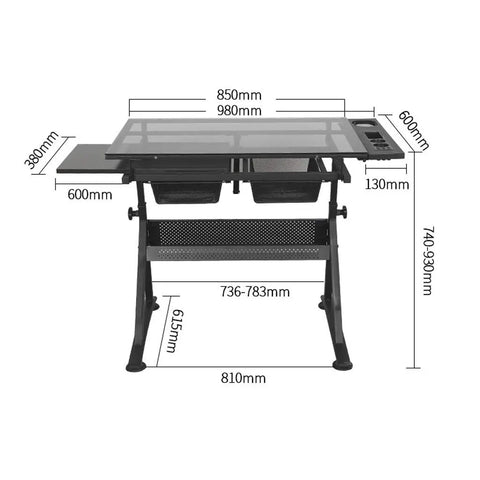 Premium Height Adjustable Tilting Drawing Desk With Tempered Glass Surface showing dimensions and features for home office art studio use.