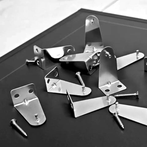 Heavy Duty Metal Blinds Hold Down Brackets Silver Door Bottom Clip Kit With Screws on black surface, showing multiple metal clips.