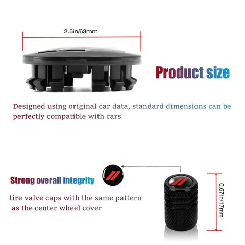 4Pcs Wheel Center Caps 63mm 2.5in With Valve Caps Black Red Pattern Replacement For Challenger Charger Durango product size
