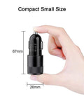 Robust Dual Port Car Charger With Hella Fast Sync Tech Featuring Quick Charge 3.0 shown in a hand for compact size reference.