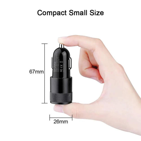 Robust Dual Port Car Charger With Hella Fast Sync Tech Featuring Quick Charge 3.0 shown in a hand for compact size reference.