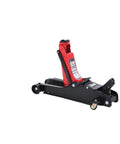 Heavy Duty Two Point Five Ton Hydraulic Floor Jack With Drop Flat Profile And Three Sixty Slick Swivel Wheels For Rapid Tire Changes And Tight Space Garage Rolling in black and red design.