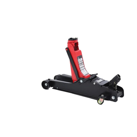 Heavy Duty Two Point Five Ton Hydraulic Floor Jack With Drop Flat Profile And Three Sixty Slick Swivel Wheels For Rapid Tire Changes And Tight Space Garage Rolling in black and red design.