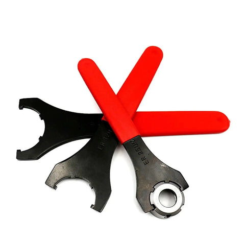 Top Tier UM Type ER25 Collet Key Wrench For ER20 ER32 Nuts with red grips and black metal heads on a white background.