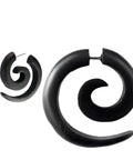 Spiral Fake Gauge Earrings Set In Black With Organic Wood And 316L Surgical Steel, Unisex Faux Plugs Pair for everyday wear.