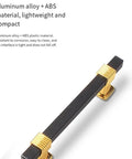 Black and gold cabinet handle made of aluminum alloy and ABS, showing sleek design, lightweight and compact, for modern cabinets and closets.