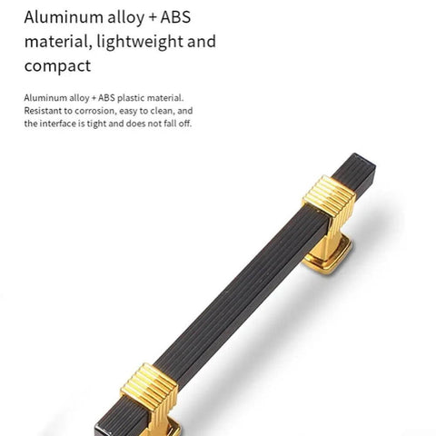 Black and gold cabinet handle made of aluminum alloy and ABS, showing sleek design, lightweight and compact, for modern cabinets and closets.