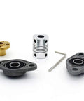 Rock Solid 300mm T8 Lead Screw Kit With Brass Nut Coupler Pillow Bearing Blocks And Hex Wrench components on a white background.
