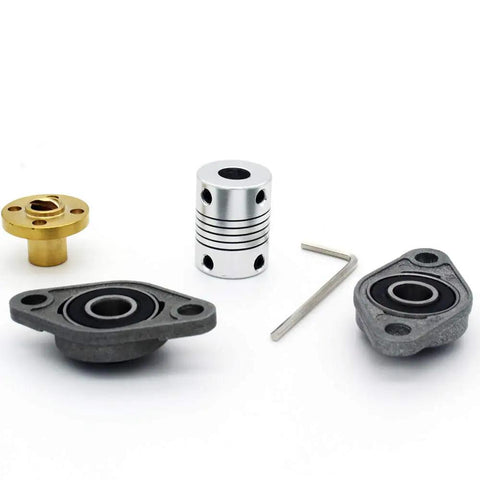 Rock Solid 300mm T8 Lead Screw Kit With Brass Nut Coupler Pillow Bearing Blocks And Hex Wrench components on a white background.