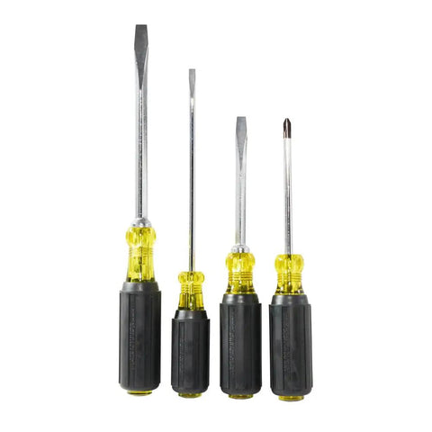 USA Made Four Piece Slotted And Phillips Screwdriver Set With Cushion Grip Handles And Tip Ident, front view.