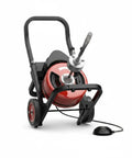 Badass Heavy Duty Electric Drain Cleaner Machine With 100 Ft Steel Sewer Snake Auger And Auto Feed Foot Pedal on a cart with wheels.