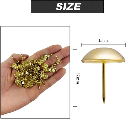 Tough As Nails Gold Metal Upholstery Tacks For Furniture Fixes And Slick Diy Upgrades 500 Pack heavy duty brass thumb nails in a hand with size dimensions.