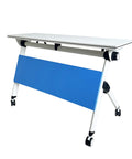 Grab This Game Changing Folding Computer Desk Featuring Heavy Duty Steel Frame And Scratch Resistant Top For Super Convenient Mobile Office Workstations In Bright Blue Color, side view with blue panel.