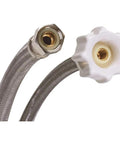 Close-up of Click Seal Braided Stainless Steel Toilet Connector with 3/8 inch female compression to 7/8 inch ballcock threads.