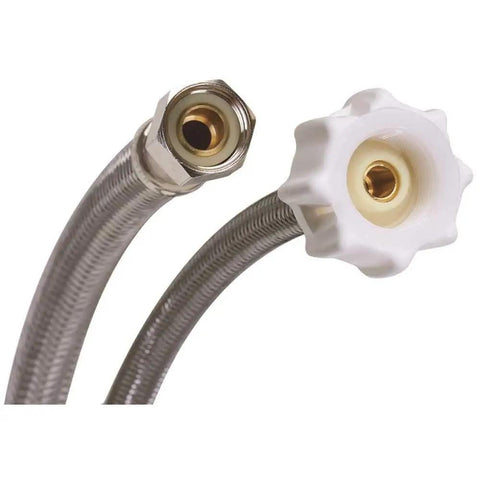 Close-up of Click Seal Braided Stainless Steel Toilet Connector with 3/8 inch female compression to 7/8 inch ballcock threads.