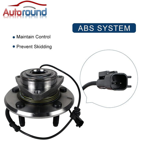 Pair Front Wheel Bearing And Hub Assembly For 2009 2010 2011 Ram 1500 5 Lug With ABS Replacement Front Hub Kit For Dodge Ram 1500 Front Axle 7 2 Inch Flange 515126 showing hub with ABS cable and connector close-up.