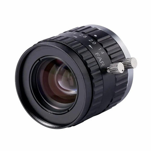 Sixteen Millimeter Focal Length Two Thirds Inch Fixed Lens For Machine Vision Cams With C Mount, low distortion, locking focus and iris screws.