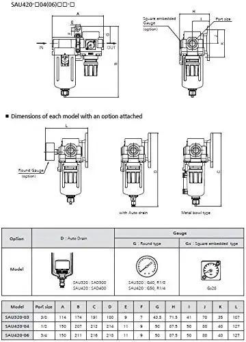 Technical diagram of Heavy Duty Air Filter Regulator Combo With Three Quarters Inch NPT, Poly Bowl And Metal Guard, Manual Drain, Gauge, 10 Micron Element