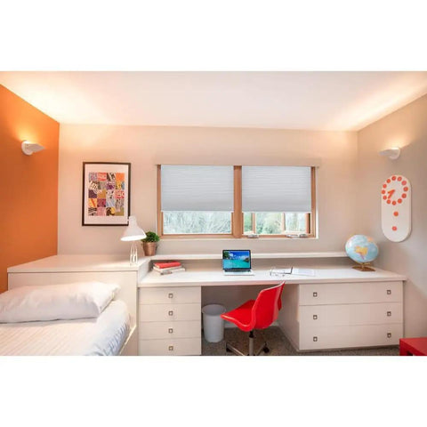 No Tools Cordless Pleated Light Blocking Window Shade With Easy Lift Trim At Home White 36 Inch Wide By 64 Inch Long installed in bedroom