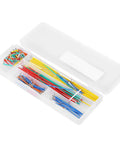 Hassle Free Professional Grade Preformed Jumper Wires With Right Angle Pins For Breadboards and Circuit Prototyping stored in a clear plastic box.