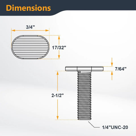 Diagram of dimensions for One Quarter Inch Twenty T Track Bolts Set Twenty Pack Two Point Five Inch Long T Slot Bolts.
