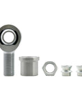 One Piece Heavy Duty Heim Joint Kit Featuring Wicked Tough Rod End Bearing With Self Aligning Spherical Ball Socket, silver steel components.