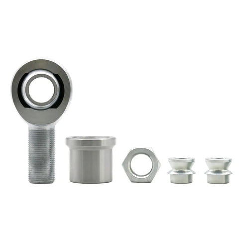 One Piece Heavy Duty Heim Joint Kit Featuring Wicked Tough Rod End Bearing With Self Aligning Spherical Ball Socket, silver steel components.