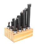 Twelve F1-type 5/8 in boring cutters in a wooden rack; high-speed steel CNC milling tools set.