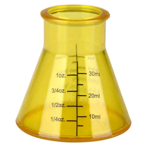Yellow Erlenmeyer flask shot glass, part of the 4 Piece Chemistry Beaker Shot Glass Set For Parties And Science Nerds