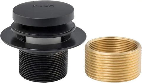 Tip‑Toe Bathtub Drain Stopper Set, Brass ABS Construction for Standard Tub Drains, showing black top and brass threaded component.